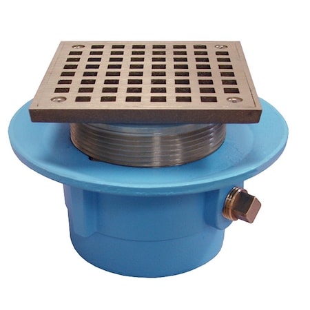 Jones Stephens 2in No Hub Code Blue Slab Drain, 7in Pan, 6in Polished Brass Square Strainer, Height 4in-5-3/16in D67030